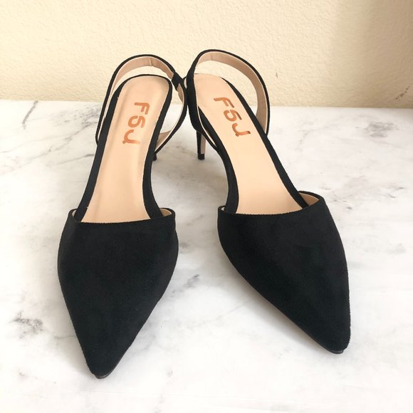 FSJ Shoes - Size 9.5 Black Slingback Mid Heel Sandal